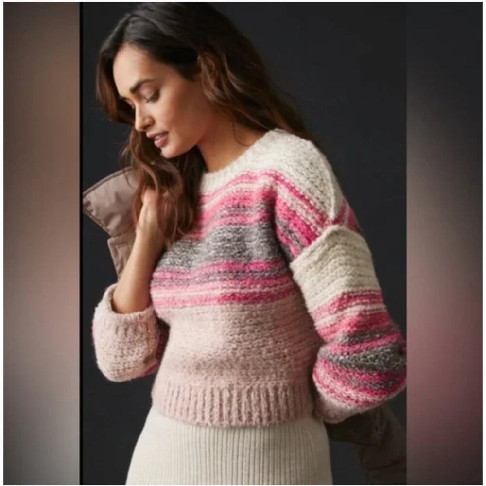 Pilcro Chunky Knit Wool Blend Crop Pink Striped Sweater Size XS exc cond
